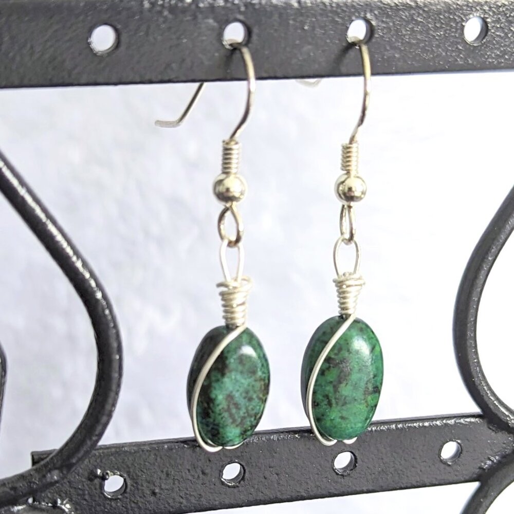 Sterling silver wire wrap turquoise earrings, hand made in Colorado
